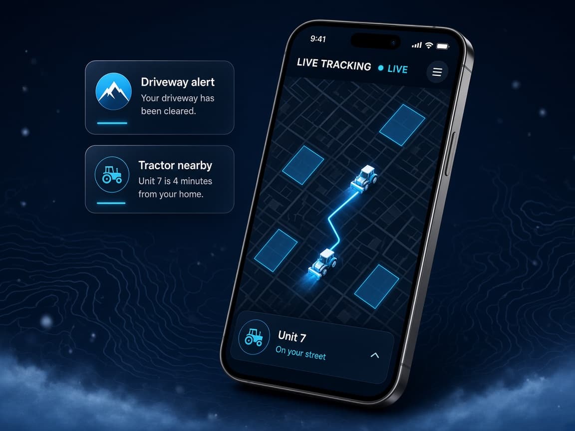 Phone showing Choreguys live tractor tracking, geofenced driveways, and driveway-cleared alerts